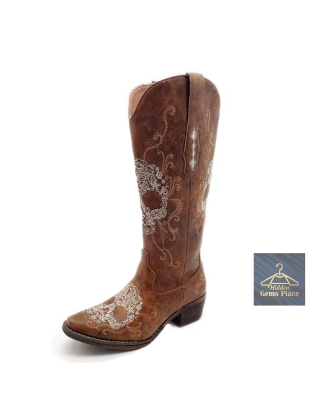 Women's Embroidered Skull Cowboy Boots, Faux Leather Western Mid-Calf Slip-On